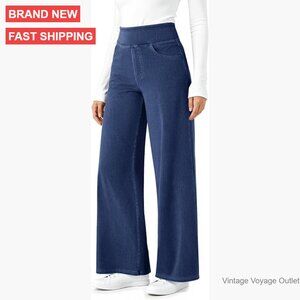 High Waisted Wide Leg Stretch Jeans Women Pull On Elastic Waist Casual